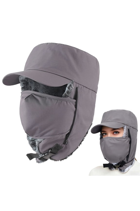 Waterproof Faux Fur Trapper Hat - Windproof Winter Hunting Hat with Detachable Face Mask & Ear Flaps