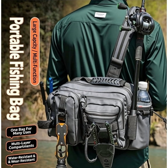 Waterproof Fishing Tackle Sling Bag with Rod Holder, Large Capacity Crossbody Lure Storage Backpack for Outdoor Angling
