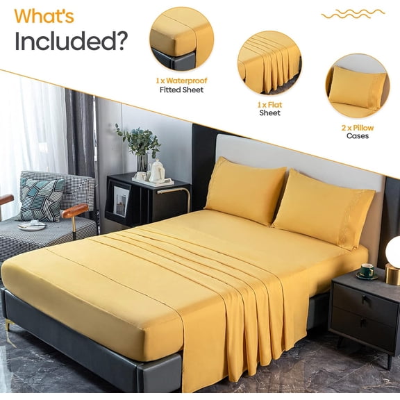 Waterproof Fitted Bed Sheet Set - 4 Piece, Comfortable Breathable Noiseless Mattress Protector, Deep Pocket Hypoallergenic Cover Up to 16” Mattress(Queen, Yellow)