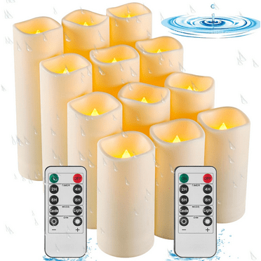 Waterproof Flameless Candles 12 pack LED Lights Moving Wick Ivory Electric Pillar Battery Candles Real Wax Flicker Lights Votive Flames Remote Control with Timer 300+ Hours