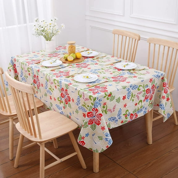 Waterproof Flannel Backed Vinyl Tablecloth - Plastic Oil Cloth for 4 Foot Rectangle Tables, Outdoor, Picnic and Party, Butterflies Flower, 60 x 84 Inch