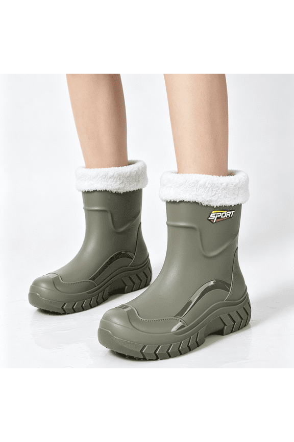 Waterproof Fleece Lined Boots Snow Weather Travel Shoes, Warm Insulation Muddy Boots Outdoor Yard Work Wear,Plush Rain Shoes Cold Weather Commuting, Protective Heavy Duty Footwear Rainy Walk, Green 6