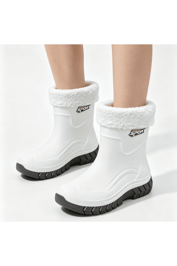 Waterproof Fleece Lined Boots Snow Weather Travel Shoes, Warm Insulation Muddy Boots Yard Work Wear,Plush Rain Shoes Cold Weather Commuting, Protective Heavy Duty Footwear Rainy Walk, White 5.5