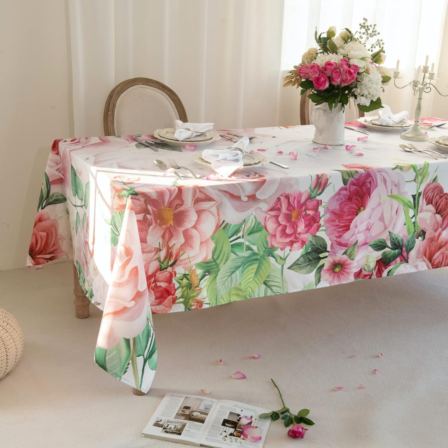 Waterproof Rectangle Tablecloth With Floral Edge – Wrinkle Resistant Polyester For Dining, Parties, Picnics (Black, 60x84 Inch)