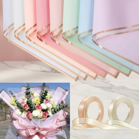 Waterproof Floral Wrapping Paper with Ribbons - Frosted Flower Bouquet Wrapping Paper for Mother's Day, Wedding, Birthday & Florist Supplies