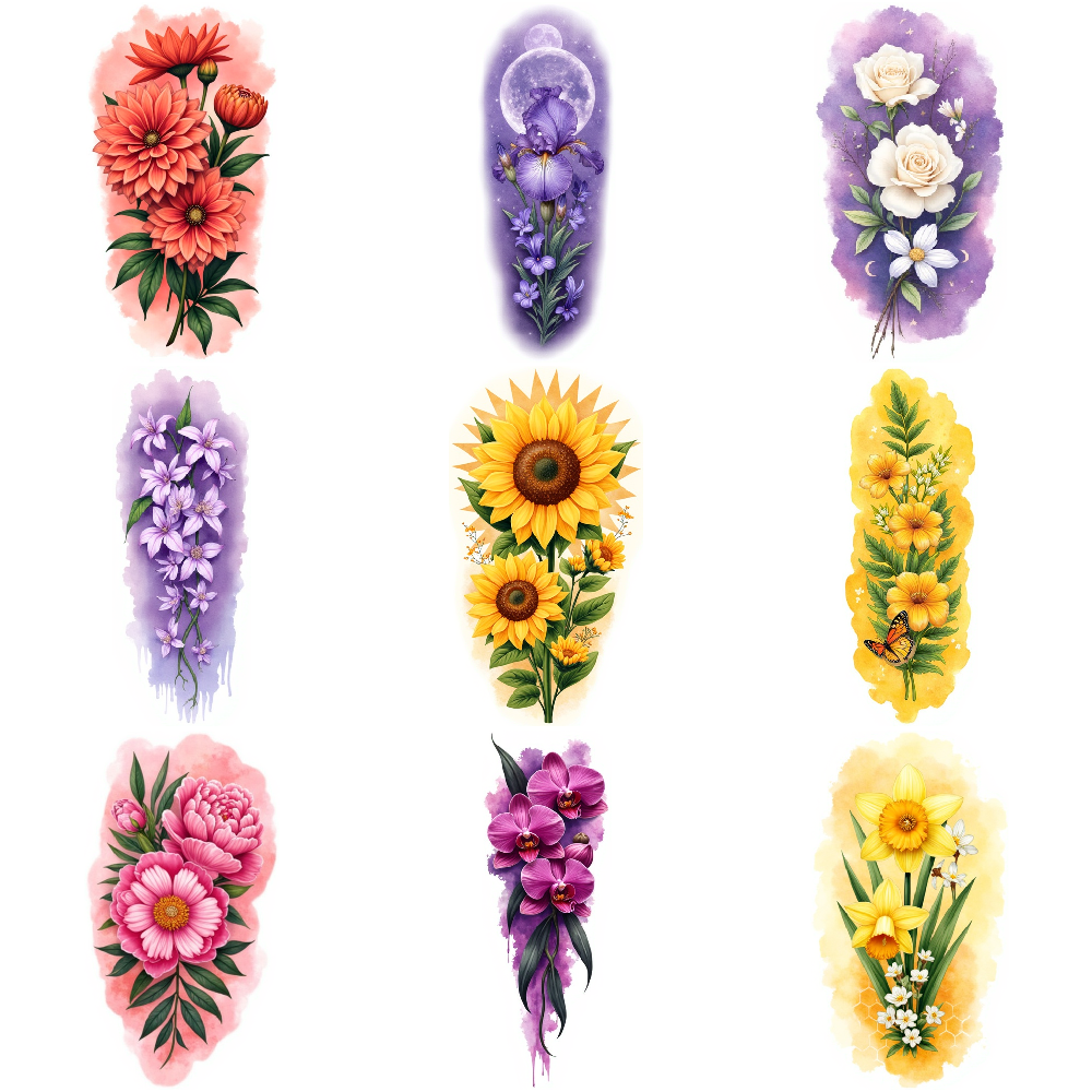 Waterproof Flower Tattoos 3D Botanical Body Art Multicolored Temporary ...