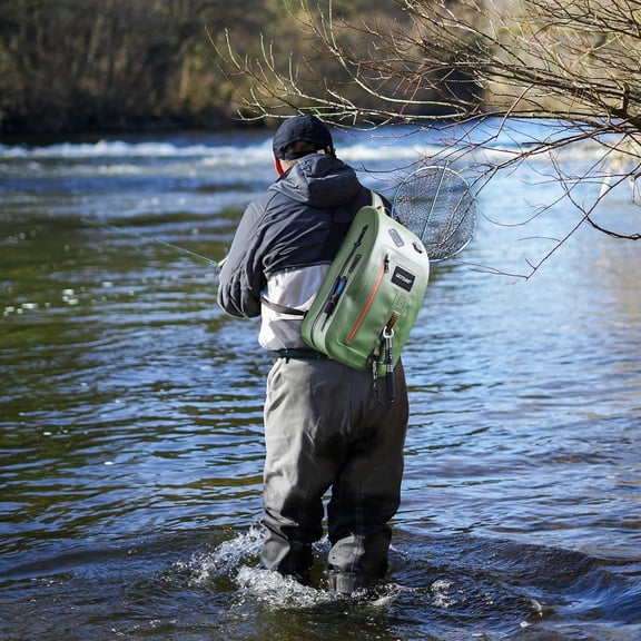 Waterproof Fly Fishing Sling Pack IPX8 13L Tackle Backpack with Rod Holder Airtight Zipper for Kayaking Wading Hiking