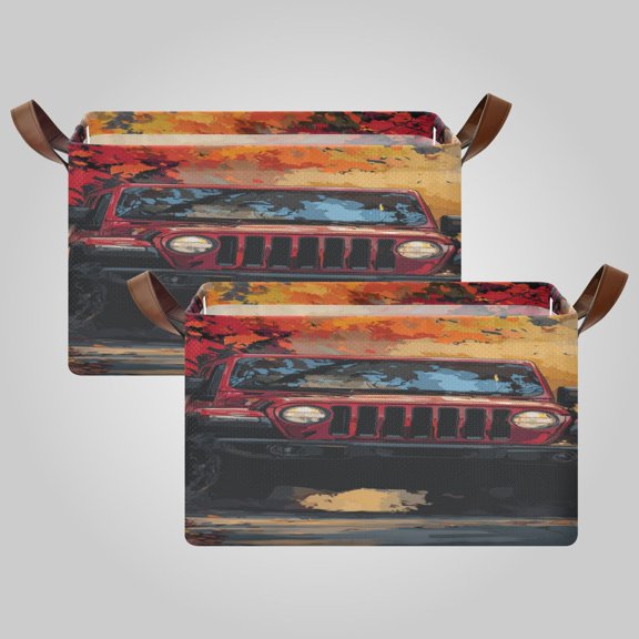 Waterproof Foldable Storage Basket Medium, Metal Frame & Hollow Board Support, for Clothes and Toy Organization Autumn Trail Red Off-road Jeep