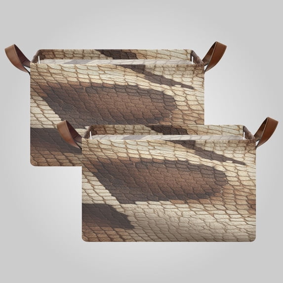Waterproof Foldable Storage Basket Medium, Metal Frame & Hollow Board Support, for Clothes and Toy Organization Brown Snake Skin Pattern