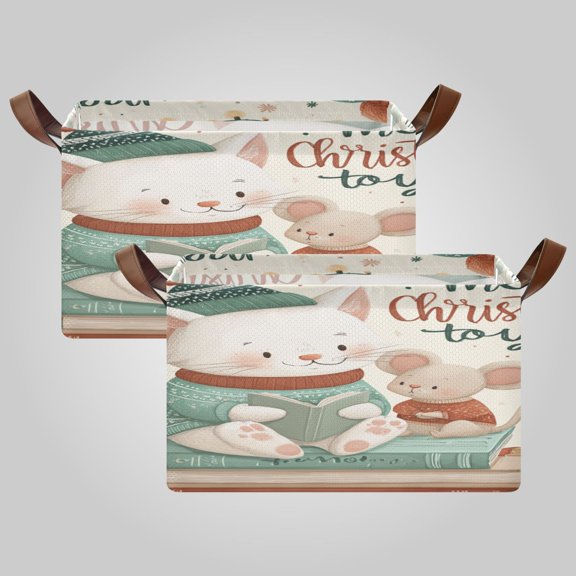 Waterproof Foldable Storage Basket Medium, Metal Frame & Hollow Board Support, for Clothes and Toy Organization Christmas Cat and Mouse