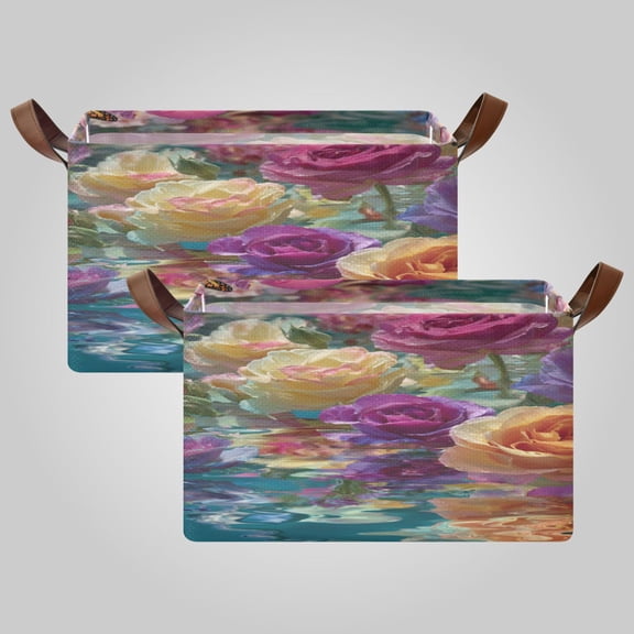 Waterproof Foldable Storage Basket Medium, Metal Frame & Hollow Board Support, for Clothes and Toy Organization Colorful Roses Floating on Water