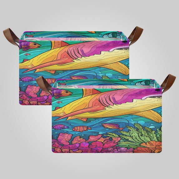 Waterproof Foldable Storage Basket Medium, Metal Frame & Hollow Board Support, for Clothes and Toy Organization Colorful Shark Pattern