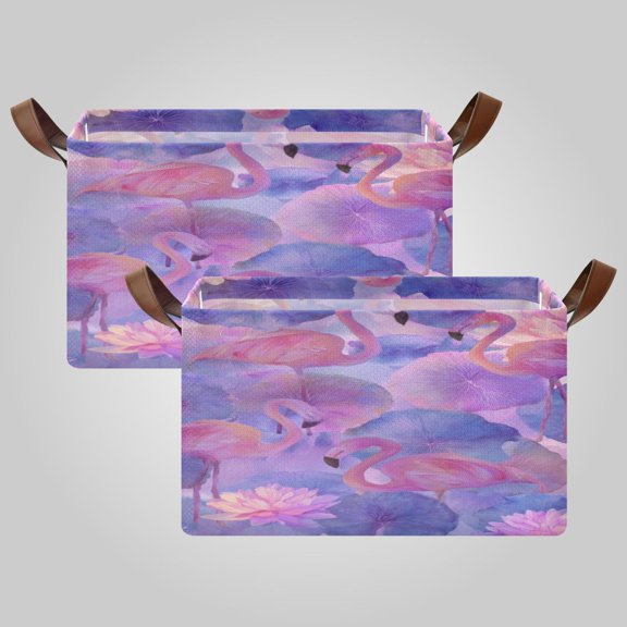 Waterproof Foldable Storage Basket Medium, Metal Frame & Hollow Board Support, for Clothes and Toy Organization Elegant Watercolor Flamingos