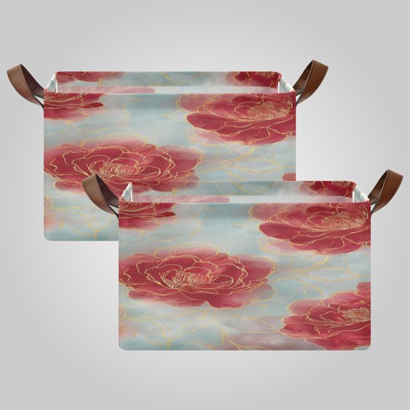 Waterproof Foldable Storage Basket Medium, Metal Frame & Hollow Board Support, for Clothes and Toy Organization Rose Petals with Gold Outline