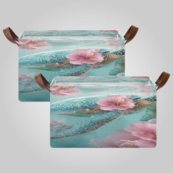 Waterproof Foldable Storage Basket Medium, Metal Frame & Hollow Board Support, for Clothes and Toy Organization Sea Turtle with Hibiscus Flowers