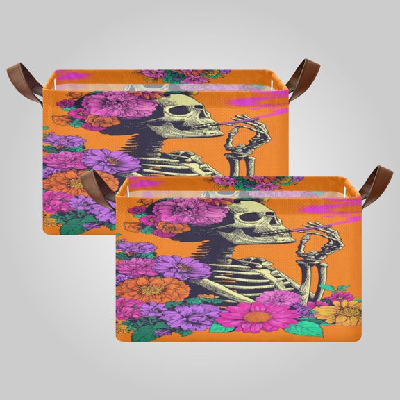 Waterproof Foldable Storage Basket Medium, Metal Frame & Hollow Board Support, for Clothes and Toy Organization Skeleton in Bloom