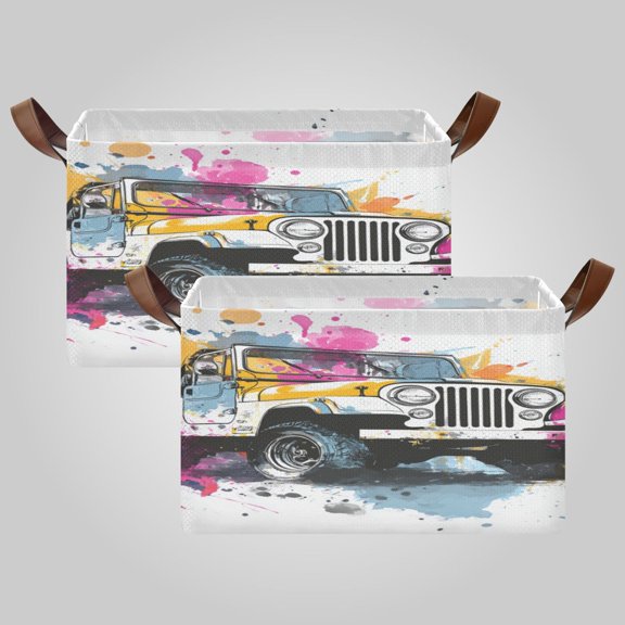 Waterproof Foldable Storage Basket Medium, Metal Frame & Hollow Board Support, for Clothes and Toy Organization Wet Watercolor Jeep Pattern