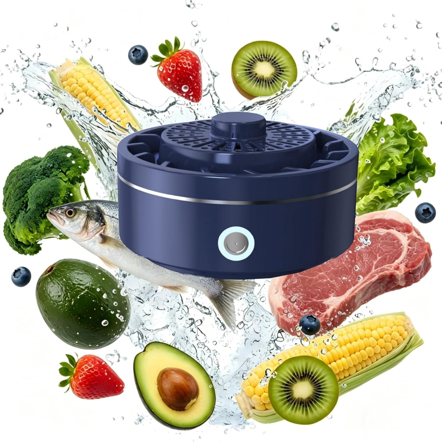 Waterproof Fruit and Vegetable Cleaner with Rotatable Magnetic Base, Automatic Start in Water for Home Kitchen Use(Blue)(K)