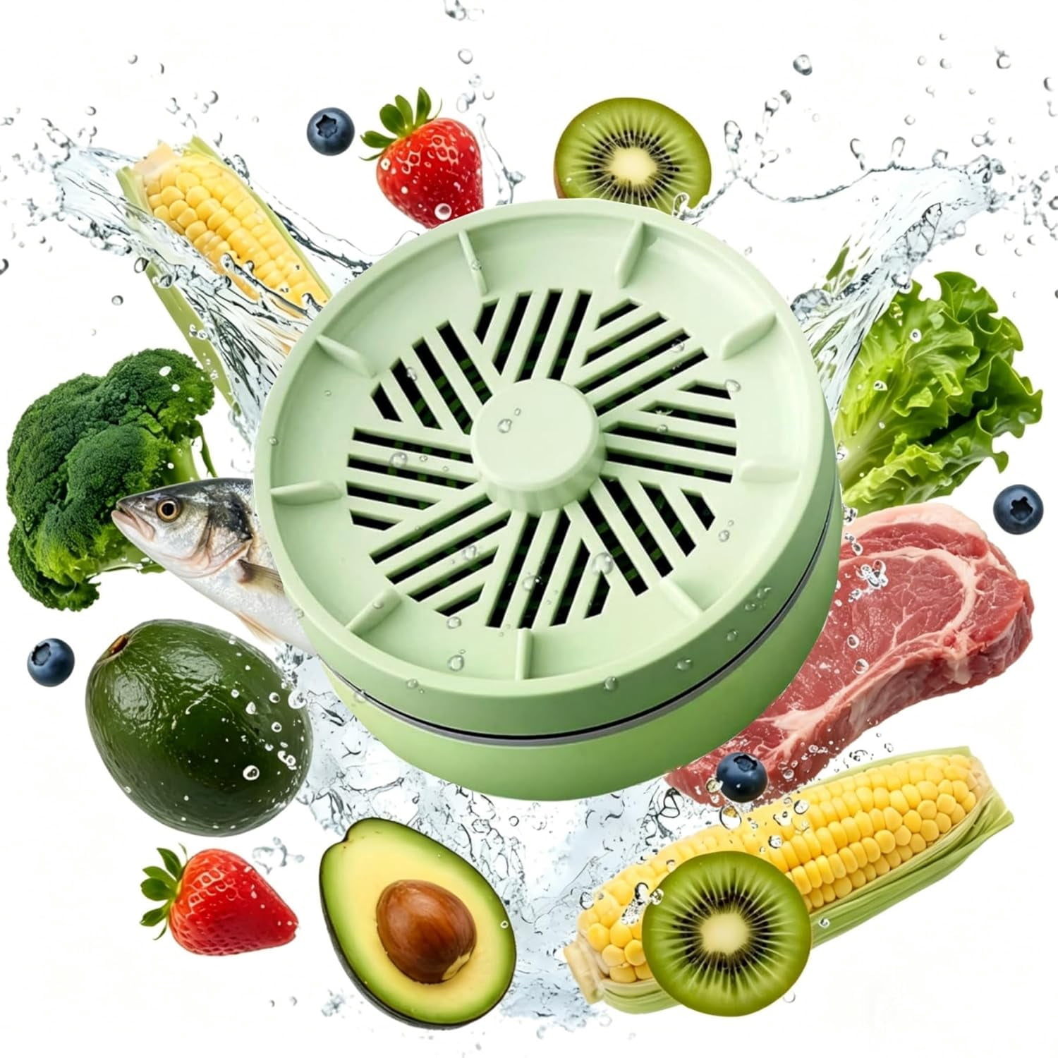 Waterproof Fruit and Vegetable Cleaner with Rotatable Magnetic Base, Automatic Start in Water for Home Kitchen Use(Green)(K)