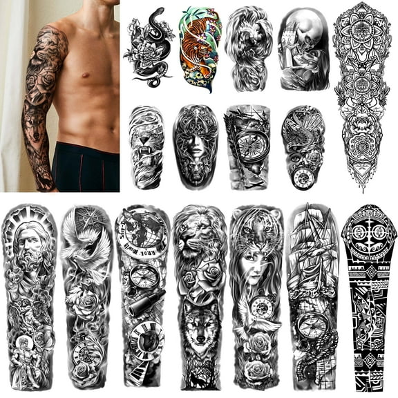 Yazhiji 8 Sheets Full Arm Temporary Tattoos and 8 Sheets Half Arm Shoulder Tattoo, Extra Large Waterproof Long Lasting Tattoo Stickers for Men and Women (22.83"X7.1")
