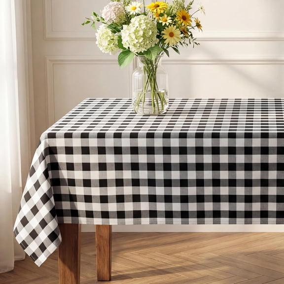 Waterproof Gingham Tablecloth, Checkered Fabric Table Cover for Kitchen Dining, Black & White Plaid Table Cloth, Rectangle Table Cloth for Indoor Outdoor Use, W60 x L84 in
