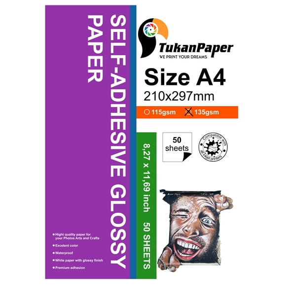 Waterproof Glossy Sticker Photo Paper A4 Size 50 Sheets 135 gr 8,3" x 11,7" (210 x 297mm) Self Adhesive for All Inkjet Printers Full Labels tag. Easy to Peel