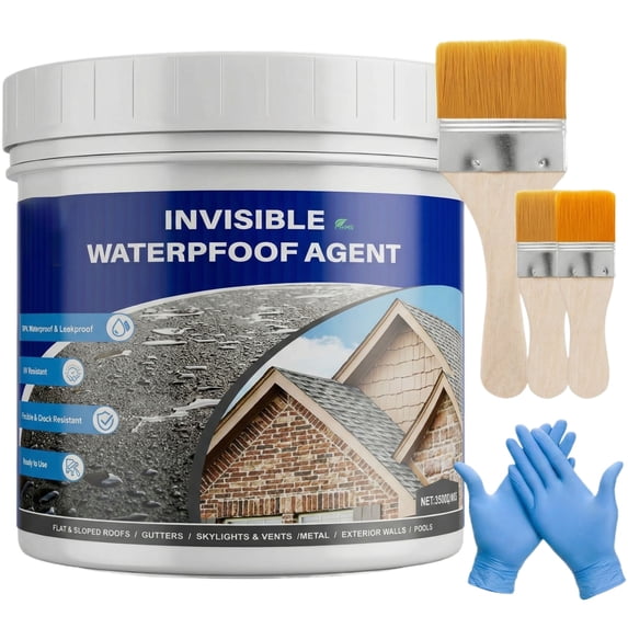 Waterproof Glue, 33.8 Oz, Roof Sealant Waterproof, Wall Repair, Exterior Paint, Paint BrushesforWalls, Protective Gloves, Gutters Pools, Blue, 3 Pc Brush, 1 Pc Glue, 1 Pair