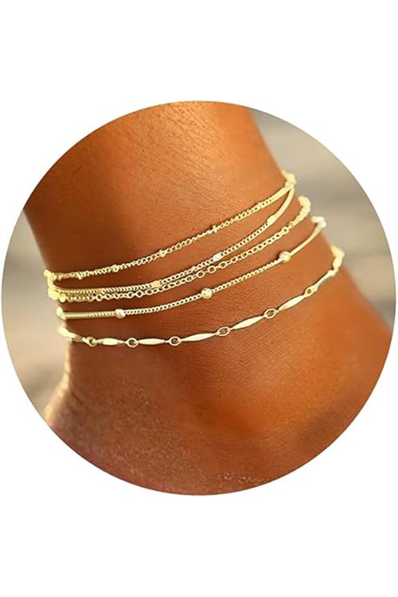 Waterproof Gold Cuban Chain Anklet Set 5 Pieces Adjustable Beach Gift