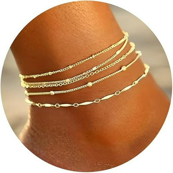 Waterproof Gold Cuban Chain Anklet Set 5 Pieces Adjustable Beach Gift