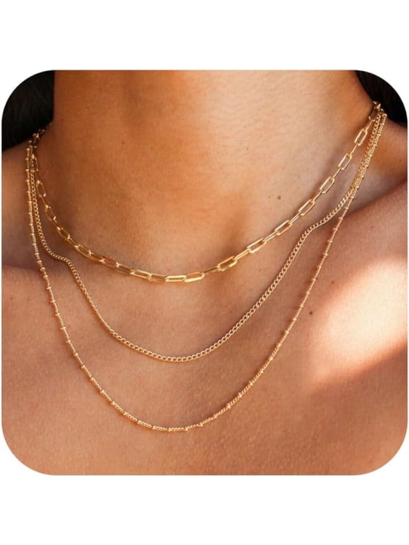Waterproof Gold Necklace Layered Necklaces for Women Non Tarnish,18k Gold Plated Stainless Steel Stack Thin Chain Necklace Set for Women Gifts Jewelry