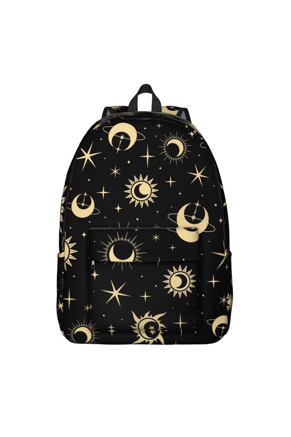 Waterproof Gothic Backpack, Lightweight School Bag Featuring Cosmic Moon, Stars, and Astral Eclipse Pattern