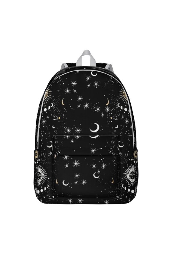 Waterproof Gothic Backpack, Lightweight School Bag Featuring Cosmic Moon, Stars, and Astral Eclipse Pattern