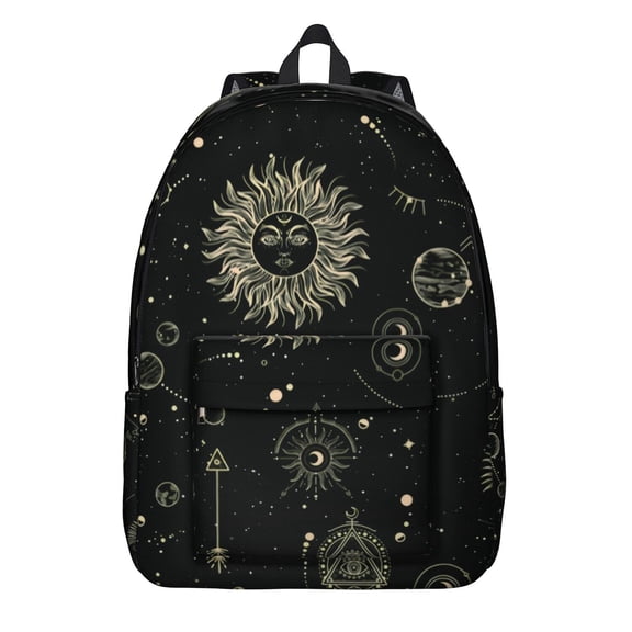 Waterproof Gothic Backpack, Lightweight School Bag Featuring Cosmic Moon, Stars, and Astral Eclipse Pattern