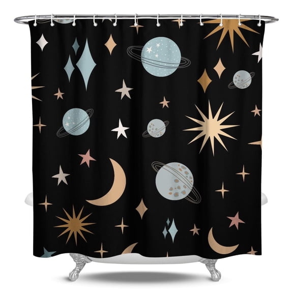 Waterproof Gothic Shower Curtain with Celestial Star and Moon Spiritual Print Mystical Astrology Sun and Cosmic Night Patterns Artistic Witchy Style Fabric Shower Curtain Machine Washable with Hooks S
