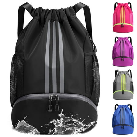 Waterproof Gym Bags with Drawstring, Large Capacity Sports Bag, with Bottom Compartment and Wide Drawstring, Soccer Backpack for Women Men Junior (Black)
