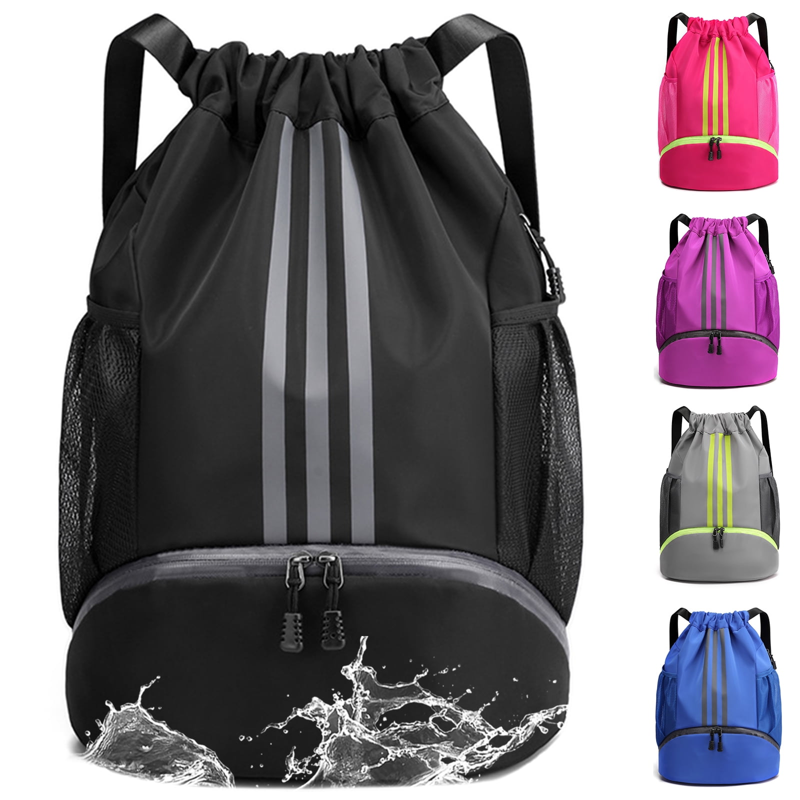 Bolso de gimnasio impermeable con cordón, gran capacidad, con compartimento inferior y cordón ancho, mochila para fútbol para mujeres, hombres y jóvenes (negro)