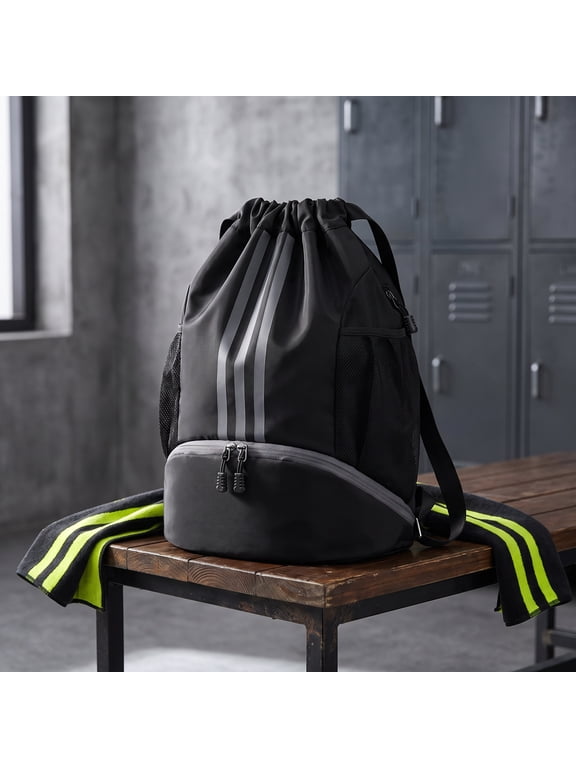 Waterproof Gym Bags with Drawstring, Large Capacity Sports Bag, with Bottom Compartment and Wide Drawstring, Soccer Backpack for Women Men Junior (Black)