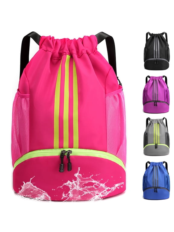 Waterproof Gym Bags with Drawstring, Large Capacity Sports Bag, with Bottom Compartment and Wide Drawstring, Soccer Backpack for Women Men Junior (Pink)