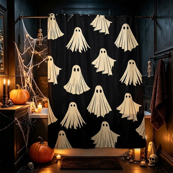 Waterproof Halloween Ghost Print Shower Curtain, 70.87x35.43 Inch Lightweigt Soap Stain Resistant Black Cloth Bathroom Decor for Apartment Dorm Home Hotel Bathtub Stall Accessories