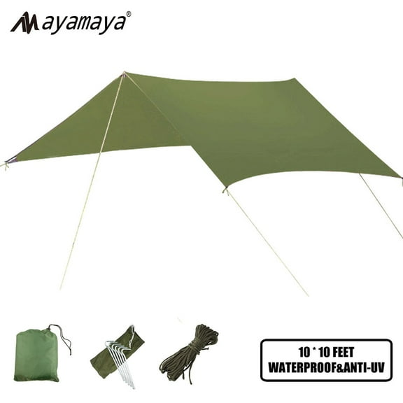 Waterproof Hammock Rian Fly, AYAMAYA Outdoor 10*10 Feet Hammock Tarp, Lightweight 210T Polyester Anti-UV Tent Cover Rainfly for Camping Backpacking Hiking,Canopy(Green)
