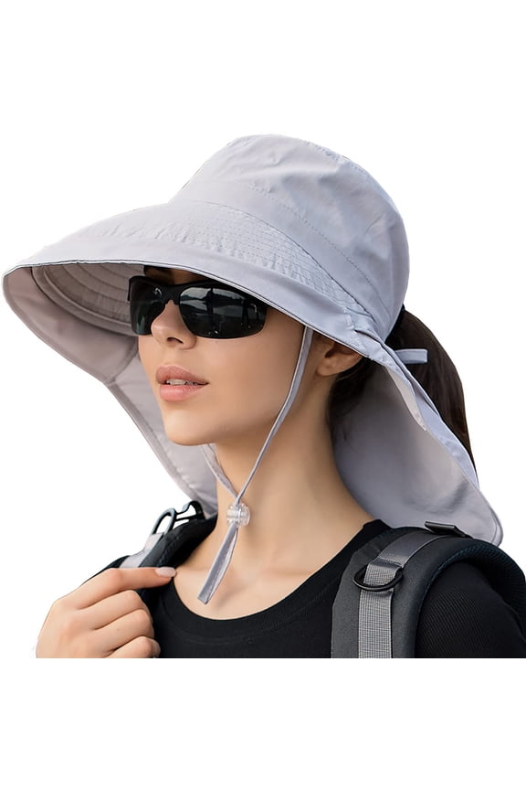 Waterproof Hat for Hiking UPF 50 UV Sun Protection Wide Brim Women's Flap（Light Grey）