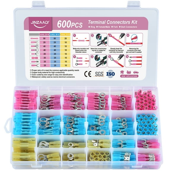 Waterproof Heat Shrink Wire Connectors, Multipurpose Waterproof Electrical Wire Terminals kit, Ring Fork Spade Butt Splice Insulation Crimp Connectors for Auto Marine Truck - 600 Pieces