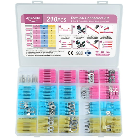 Waterproof Heat Shrink Wire Connectors, Multipurpose Waterproof Electrical Wire Terminals kit, Ring Fork Spade Butt Splice Insulation Crimp Connectors for Auto Marine Truck - 210 Pieces