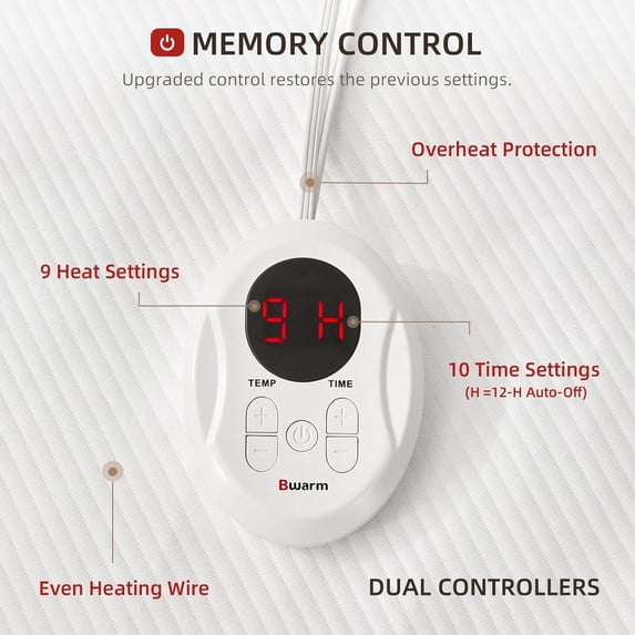 Waterproof Heated Mattress Pad with Dual Control, 9 Heat Settings & Auto Off Timer for CA Bed