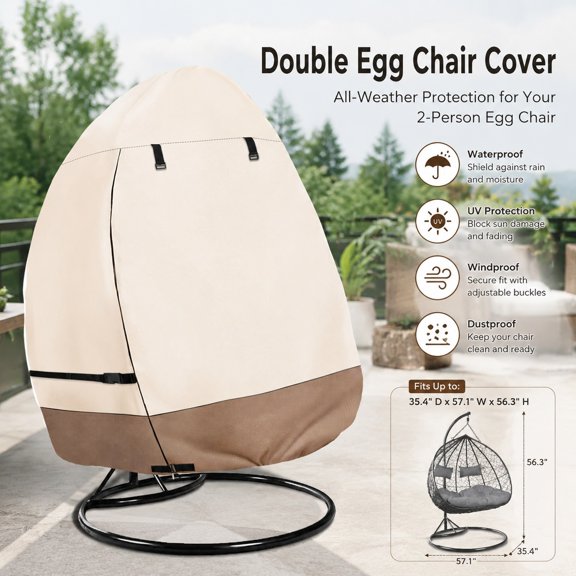 Waterproof Heavy Duty Outdoor Double Seat Hanging Egg Chair Cover with Stand, Patio Swing Chair Protector, Beige & Brown, 66"Wx43"Dx68"H