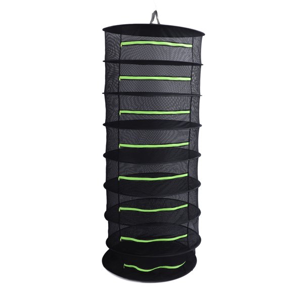 Waterproof Herb Drying Rack with Zipper Cover Hanging Mesh Net Dryer for Seeds Buds Plants, Fluorescent Green, 8 Layers, 26 x 26 Inches / 66 x 66 cm