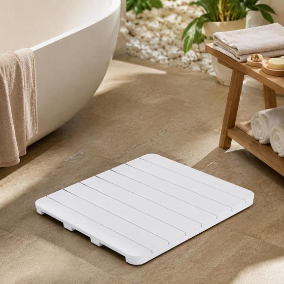 Waterproof Hips Bath Spa Shower Mat, Non Slip Foot Pads, Slatted Draining Design, White
