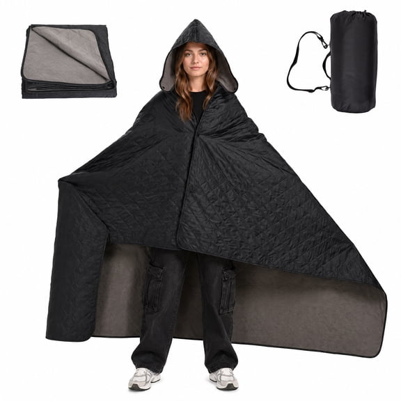 Waterproof Hooded Camping Blanket Shawl, 78.74" x 55.12" Polar Fleece Wearable Picnic Mat, Outdoor Warm Shawl with Snap Closure, Carry Strap, Black