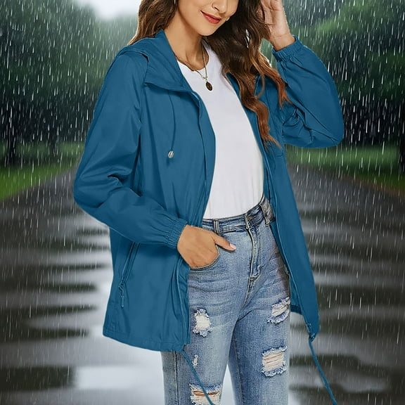 Waterproof Hooded Jacket for Women Casual Women Rain Jacket Tightened Cuffs Drawstring Zipper Neckline Jacket Lightweight Breathable Sunscreen Outdoor Jacket Trendy