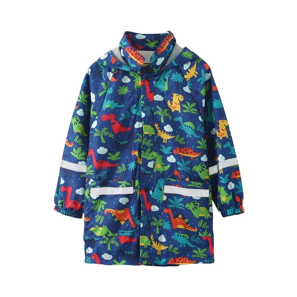Waterproof Hooded Jacket for Boys Girls Kids Raincoats Outdoor Windbreaker Dinosaur Rain Jacket Cute Print Hooded Mid-length Jacket With Pockets